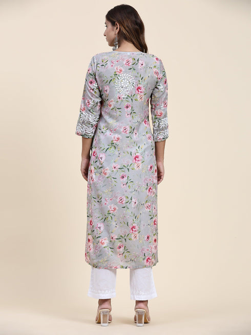 Urmi in Fizaa Chikankari Long Kurta in Muslin Cotton for Women- Grey Print